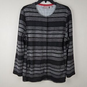 Chicos Black White Striped Snap Front Cardigan Jacket Size 2 Large Pockets Stre